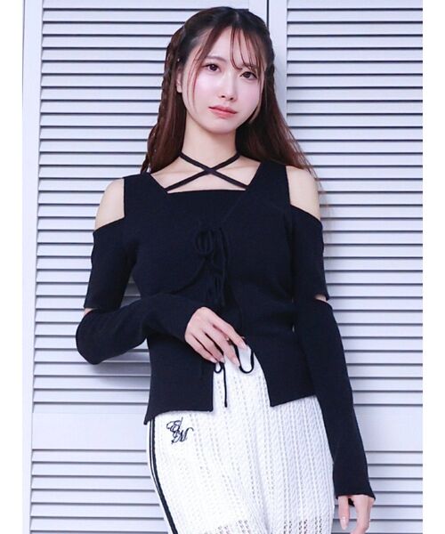 EATME(イートミー)の「リボンカットアウトリブニットアンサンブル(ニット/セーター・レディース・アイボリー/ブラック/ピンク・FREE)」の1枚目の写真