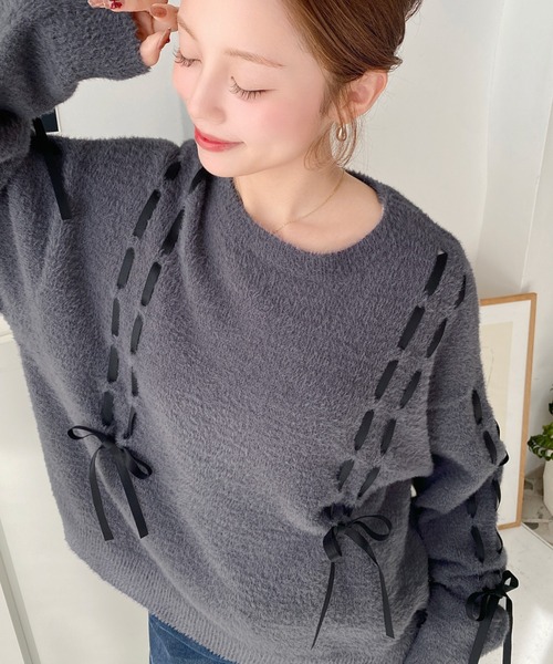 セール】編み込みリボンフェザーニットプルオーバー（ニット/セーター