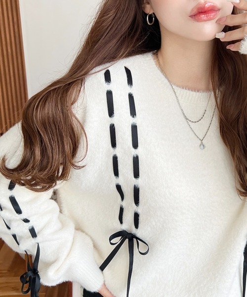 セール】編み込みリボンフェザーニットプルオーバー（ニット/セーター
