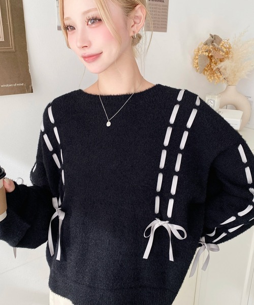 セール】編み込みリボンフェザーニットプルオーバー（ニット/セーター