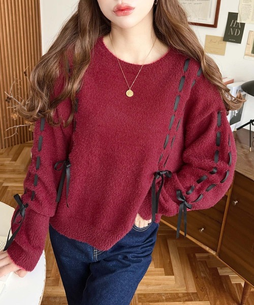 セール】編み込みリボンフェザーニットプルオーバー（ニット/セーター