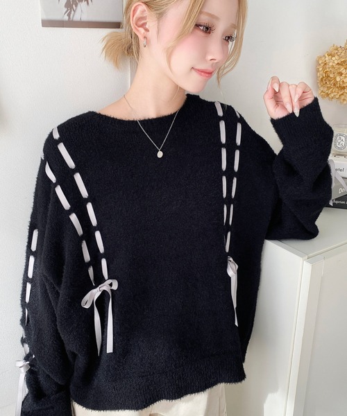 セール】編み込みリボンフェザーニットプルオーバー（ニット/セーター