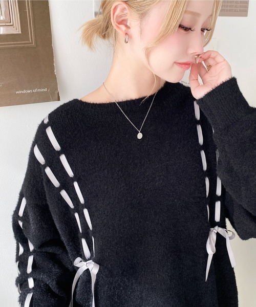 セール】編み込みリボンフェザーニットプルオーバー（ニット/セーター