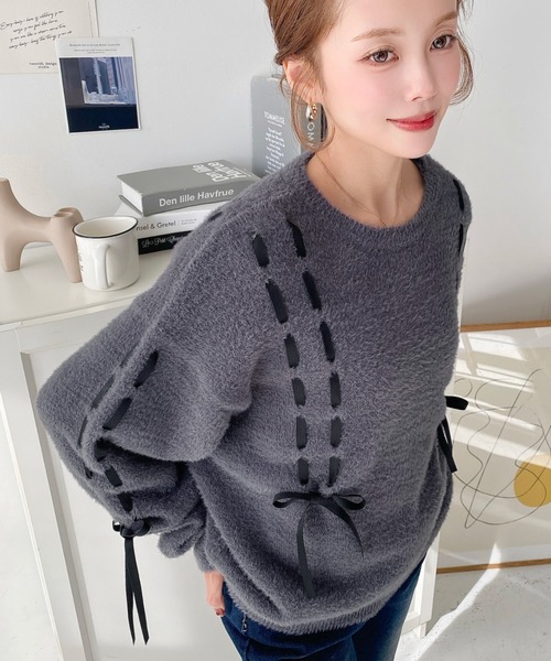 セール】編み込みリボンフェザーニットプルオーバー（ニット/セーター