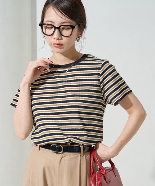 【関税込】 半袖Tシャツ - マルチカラー ラグスタイル LUXSTYLE マルチボーダーワンポイント刺繍半袖T