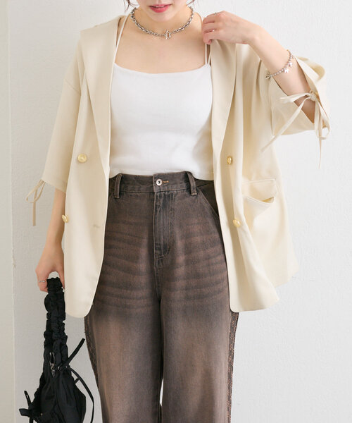 w closet（ダブルクローゼット）の「半袖袖リボンBIGテーラードジャケット（テーラードジャケット・レディース・アイボリー/グレー/ネイビー・FREE）」の11枚目の写真