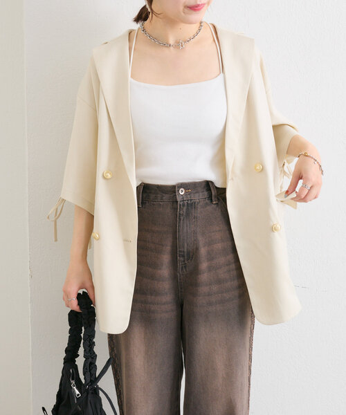 w closet（ダブルクローゼット）の「半袖袖リボンBIGテーラードジャケット（テーラードジャケット・レディース・アイボリー/グレー/ネイビー・FREE）」の12枚目の写真