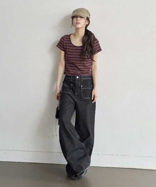 UNE MANSION（ユヌマンション）の「【低身長 / 高身長用 サイズ＆丈が選べるカラーパンツ】【 3color ／ ３size／ 2lengths 】【 足長効果あり】カットオフフロントアウトポケットセミストレートデニム（デニムパンツ・レディース・ブルー/ブラック/ライトブルー・S-Short/S-Long/M-Short/M-Long/L-Short/L-Long）」の10枚目の写真