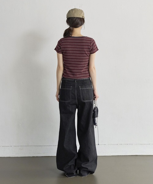 UNE MANSION（ユヌマンション）の「【低身長 / 高身長用 サイズ＆丈が選べるカラーパンツ】【 3color ／ ３size／ 2lengths 】【 足長効果あり】カットオフフロントアウトポケットセミストレートデニム（デニムパンツ・レディース・ブルー/ブラック/ライトブルー・S-Short/S-Long/M-Short/M-Long/L-Short/L-Long）」の16枚目の写真