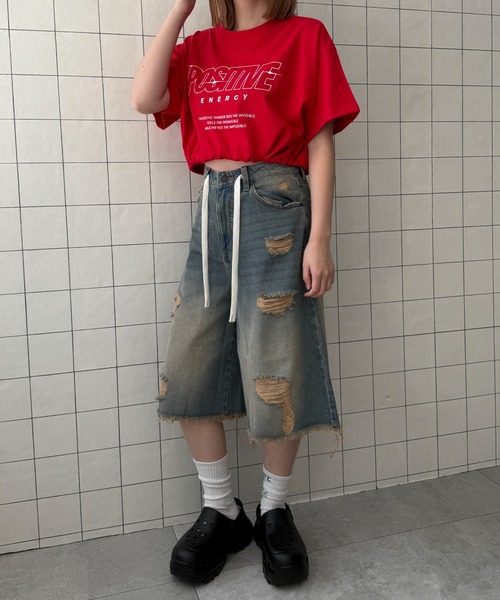WOND(ウォンド)の「WOND/ドロストロゴショートT(Tシャツ/カットソー・レディース・ブラック/ホワイト/レッド・FREE)」の6枚目の写真