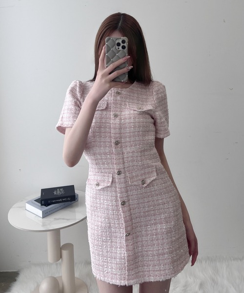 TITTY&CO.（ティティーアンドコー）の「クラシカルツイードワンピース（ワンピース・レディース・ブルー/アイボリー/ブラック/ピンク・FREE）」の4枚目の写真