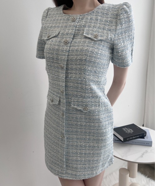 TITTY&CO.（ティティーアンドコー）の「クラシカルツイードワンピース（ワンピース・レディース・ブルー/アイボリー/ブラック/ピンク・FREE）」の5枚目の写真