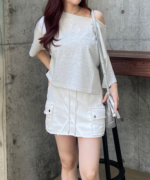 セール】フロントラインストーンワンショルダーTシャツ（T