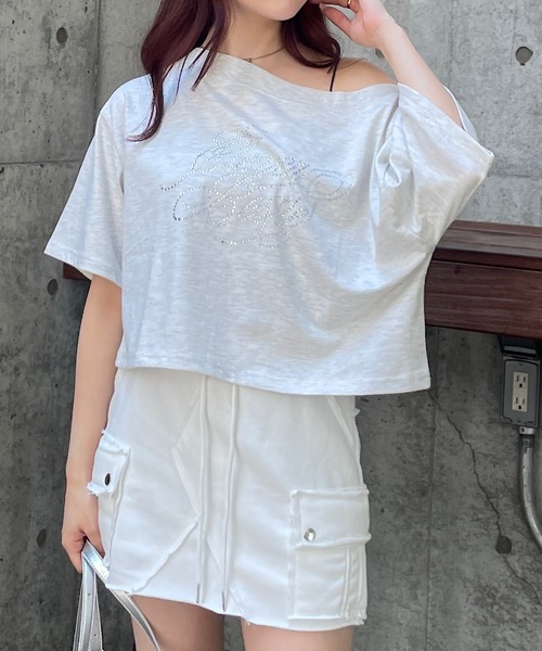 セール】フロントラインストーンワンショルダーTシャツ（T