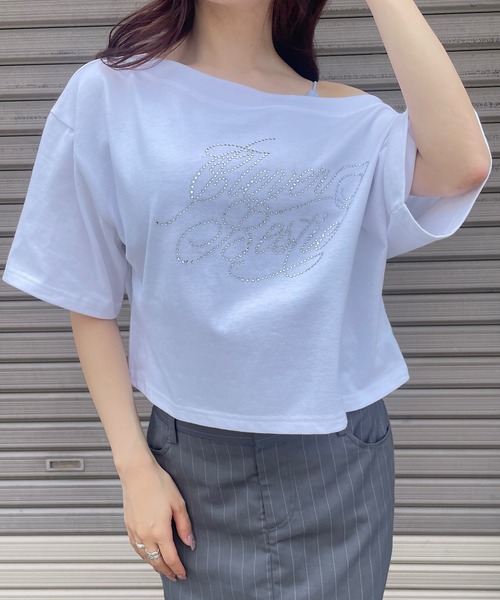ONE SHOULDER Tシャツ セール】フロントラインストーンワンショルダーTシャツ（T
