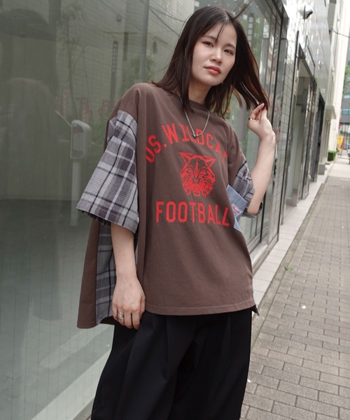 CORNERS(コーナーズ)の「チェック切り替えTシャツ(Tシャツ/カットソー・レディース・ブラウン/チャコールグレー/ネイビー/グリーン・FREE)」の1枚目の写真