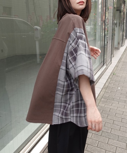 CORNERS(コーナーズ)の「チェック切り替えTシャツ(Tシャツ/カットソー・レディース・ブラウン/チャコールグレー/ネイビー/グリーン・FREE)」の7枚目の写真