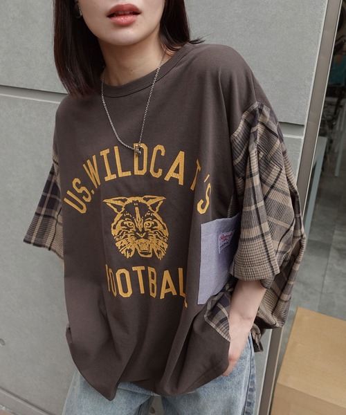 CORNERS(コーナーズ)の「チェック切り替えTシャツ(Tシャツ/カットソー・レディース・ブラウン/チャコールグレー/ネイビー/グリーン・FREE)」の18枚目の写真