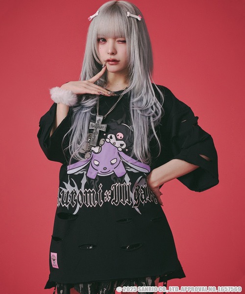 GALFY（ガルフィー）の「【GALFY/ガルフィー】×【KUROMI/クロミ】イルガルフィーボロボロ半袖TEE（Tシャツ/カットソー・メンズ・ブラック系1/パープル系/オフホワイト/ブラック・XL/L）」の2枚目の写真