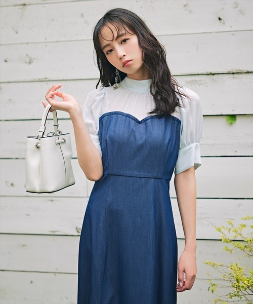 M.U.L リメイクデニムワンピース ヴィンテージ 1点物 エムユーエル セール】バックリボン異素材ドッキングマーメイドデニム