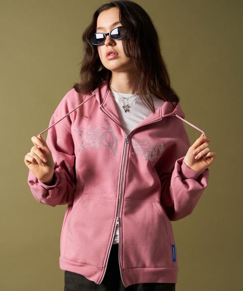 ラインストーンピンクスウェット ラインストーンギャング文字スウェットセットアップ/S〜XL/4色展開