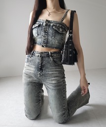 me+em select(�~�[���Z���N�g)�́y �Z�b�g�A�b�v �z���B���e�[�W���C�N�f�j���r�X�`�F �{ �X�g���b�`�t���A�f�j�� SET �^ �y SET UP �z vintage like denim bustier + stretch flare denim(�Z�b�g�A�b�v)
