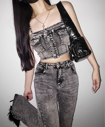 me+em select(~[ZNg)́y ZbgAbv zBe[WCNfjrX`F { Xgb`tAfj SET ^ y SET UP z vintage like denim bustier + stretch flare denim(ZbgAbv)