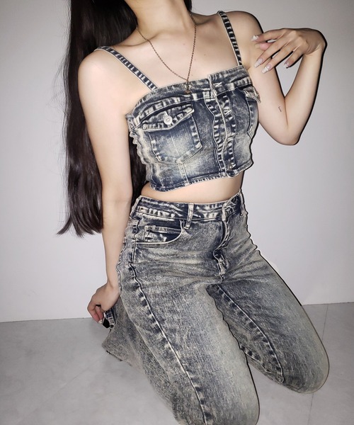 me+em select（ミームセレクト）の「【 セットアップ 】ヴィンテージライクデニムビスチェ ＋ ストレッチフレアデニム SET ／ 【 SET UP 】 vintage like denim bustier + stretch flare denim（セットアップ・レディース・ブルー/ブラック・3/2/1）」の19枚目の写真