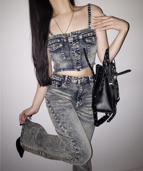 me+em select（ミームセレクト）の「【 セットアップ 】ヴィンテージライクデニムビスチェ ＋ ストレッチフレアデニム SET ／ 【 SET UP 】 vintage like denim bustier + stretch flare denim（セットアップ・レディース・ブルー/ブラック・3/2/1）」の21枚目の写真