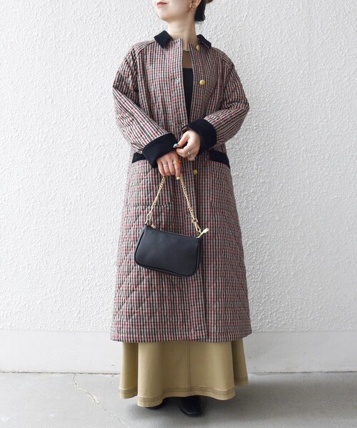 SHIPS any: キルティング チェック ステンカラー Aライン ロング