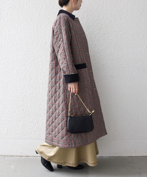 SHIPS any: キルティング チェック ステンカラー Aライン ロング