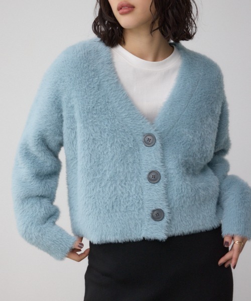 AZUL by moussy(アズールバイマウジー)の「モヘヤライクニットカーディガン(カーディガン/ボレロ・レディース・チャコールグレー/ブラウン/アイボリー/サックスブルー・SMALL/MEDIUM)」の1枚目の写真