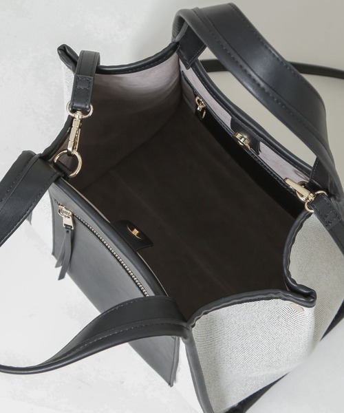 NANO universe（ナノユニバース）の「キャンバス×フェイクレザーポケットバッグ（トートバッグ・レディース・ブラック/ブラウン・FREE）」の5枚目の写真