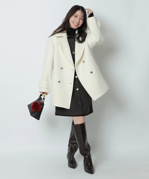 Apuweiser-riche ホワイト ウール ピーコート ダブルブレスト　白 セミコクーンウールPコート（ダウンジャケット/コート）｜Apuweiser