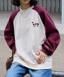 【Disney】別注 Mickey&Minnie ミッキー＆ミニー/グラフィック 刺繍 裏起毛 スウェットアイボリー