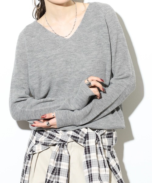 FUNALIVE(ファンアライブ)の「ニットトップス レディース Vネック長袖(ニット/セーター・レディース・杢グレー/ブラック/ホワイト/グリーン・5L/M/4L/L/LL/3L)」の6枚目の写真