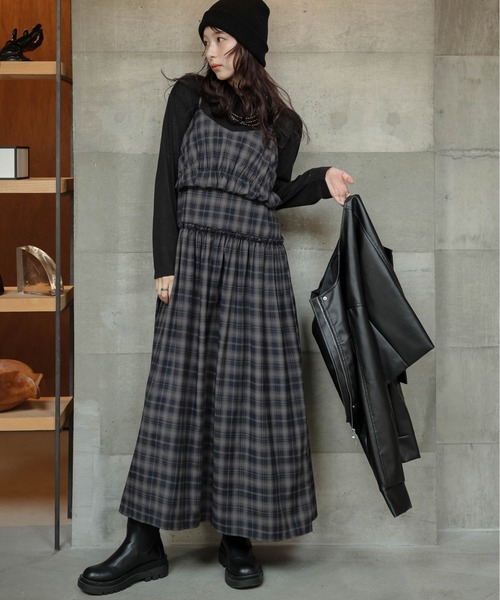 m.me.eme フェザーチェックフレアワンピース エムミーエメ m me eme チェックワンピース 2024AW 𝐌 𝐦𝐞