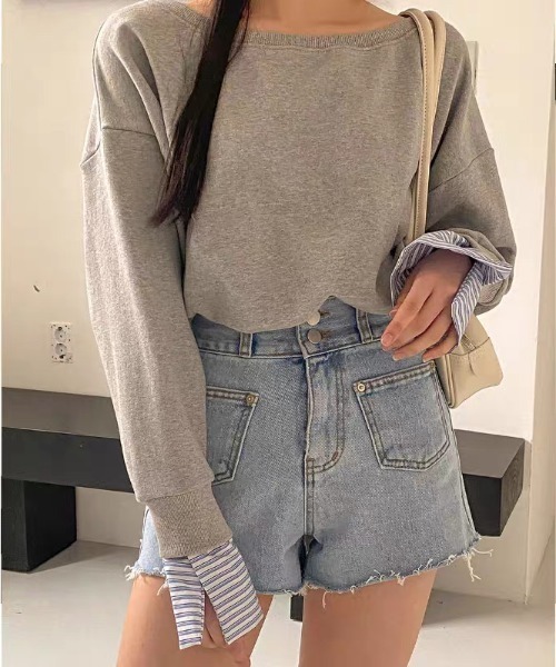 FREE STYLISTS(フリー スタイリスト)の「YUGA_YGMC Cuff docking off-the-shoulder top(Tシャツ/カットソー・レディース・グレー/ネイビー・FREE)」の10枚目の写真