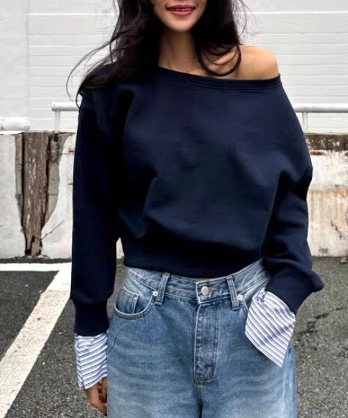 FREE STYLISTS(フリー スタイリスト)の「YUGA_YGMC Cuff docking off-the-shoulder top(Tシャツ/カットソー・レディース・グレー/ネイビー・FREE)」の14枚目の写真