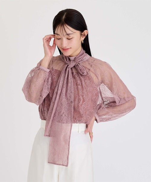 UR'S(ユアーズ)の「レースボウタイブラウス(シャツ/ブラウス・レディース・ミント/ネイビー/アイボリー/ピンク・S/M/L)」の1枚目の写真