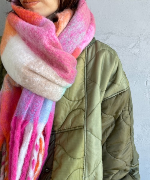 セール】[hint hint/ヒントヒント] 大判ストール(ピンク・グリーン