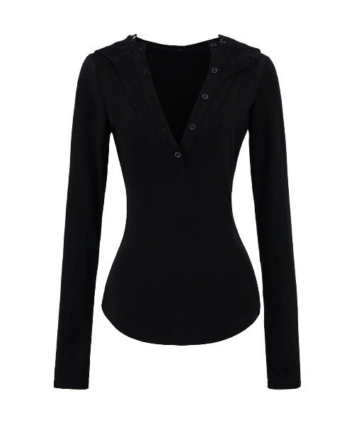 tinkerend(ティンカーエンド)の「Lace V-neck Hooded Tops / レースVネックフード付きトップス(パーカー・レディース・ブラック/グレー/ホワイト・FREE)」の9枚目の写真