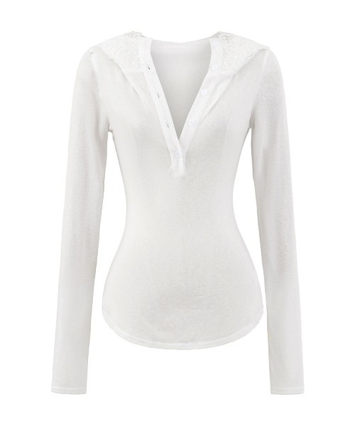 tinkerend(ティンカーエンド)の「Lace V-neck Hooded Tops / レースVネックフード付きトップス(パーカー・レディース・ブラック/グレー/ホワイト・FREE)」の8枚目の写真
