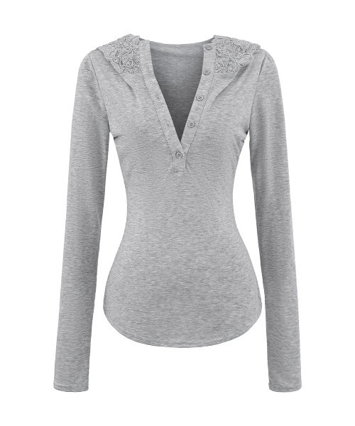tinkerend(ティンカーエンド)の「Lace V-neck Hooded Tops / レースVネックフード付きトップス(パーカー・レディース・ブラック/グレー/ホワイト・FREE)」の4枚目の写真
