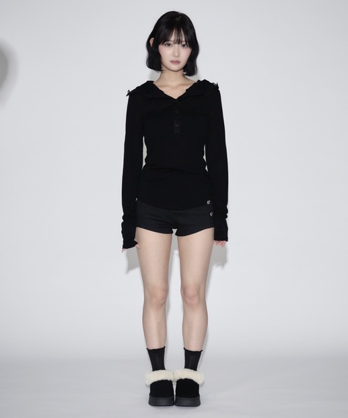 tinkerend(ティンカーエンド)の「Lace V-neck Hooded Tops / レースVネックフード付きトップス(パーカー・レディース・ブラック/グレー/ホワイト・FREE)」の17枚目の写真