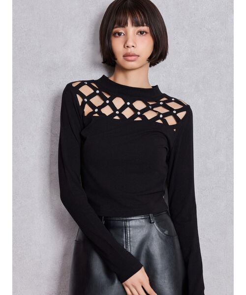 GYDA（ジェイダ）の「latticeカット bijouトップス（Tシャツ/カットソー・レディース・ブラック/グレー・FREE）」の3枚目の写真