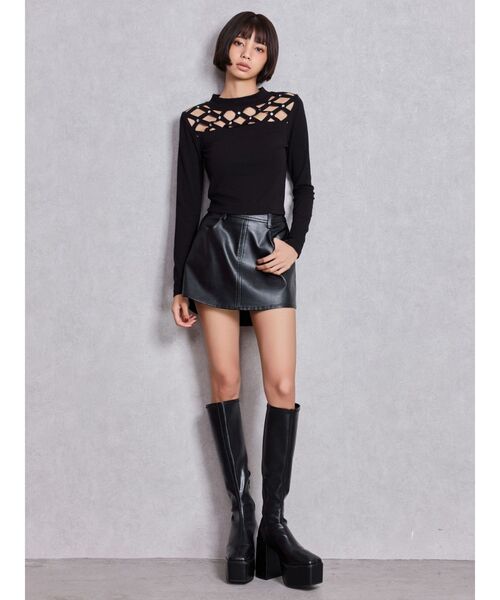 GYDA（ジェイダ）の「latticeカット bijouトップス（Tシャツ/カットソー・レディース・ブラック/グレー・FREE）」の6枚目の写真