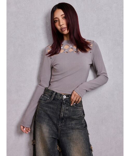 GYDA（ジェイダ）の「latticeカット bijouトップス（Tシャツ/カットソー・レディース・ブラック/グレー・FREE）」の9枚目の写真