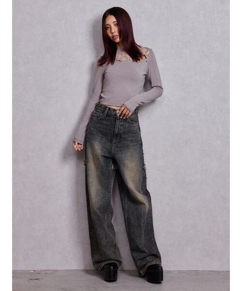 GYDA（ジェイダ）の「latticeカット bijouトップス（Tシャツ/カットソー・レディース・ブラック/グレー・FREE）」の11枚目の写真