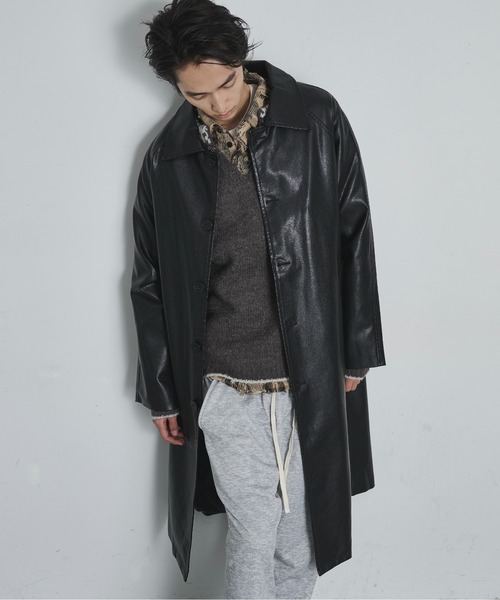 セール】Oversized Faux Leather Balmacaan Coat / フェイクレザー
